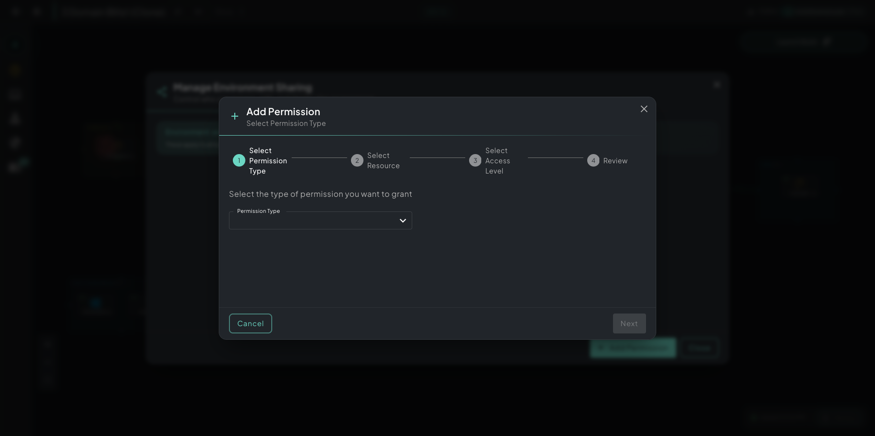 Add Permission wizard step 1 showing the 4-step flow (Select Permission Type, Select Resource, Select Access Level, Review) and a Permission Type dropdown