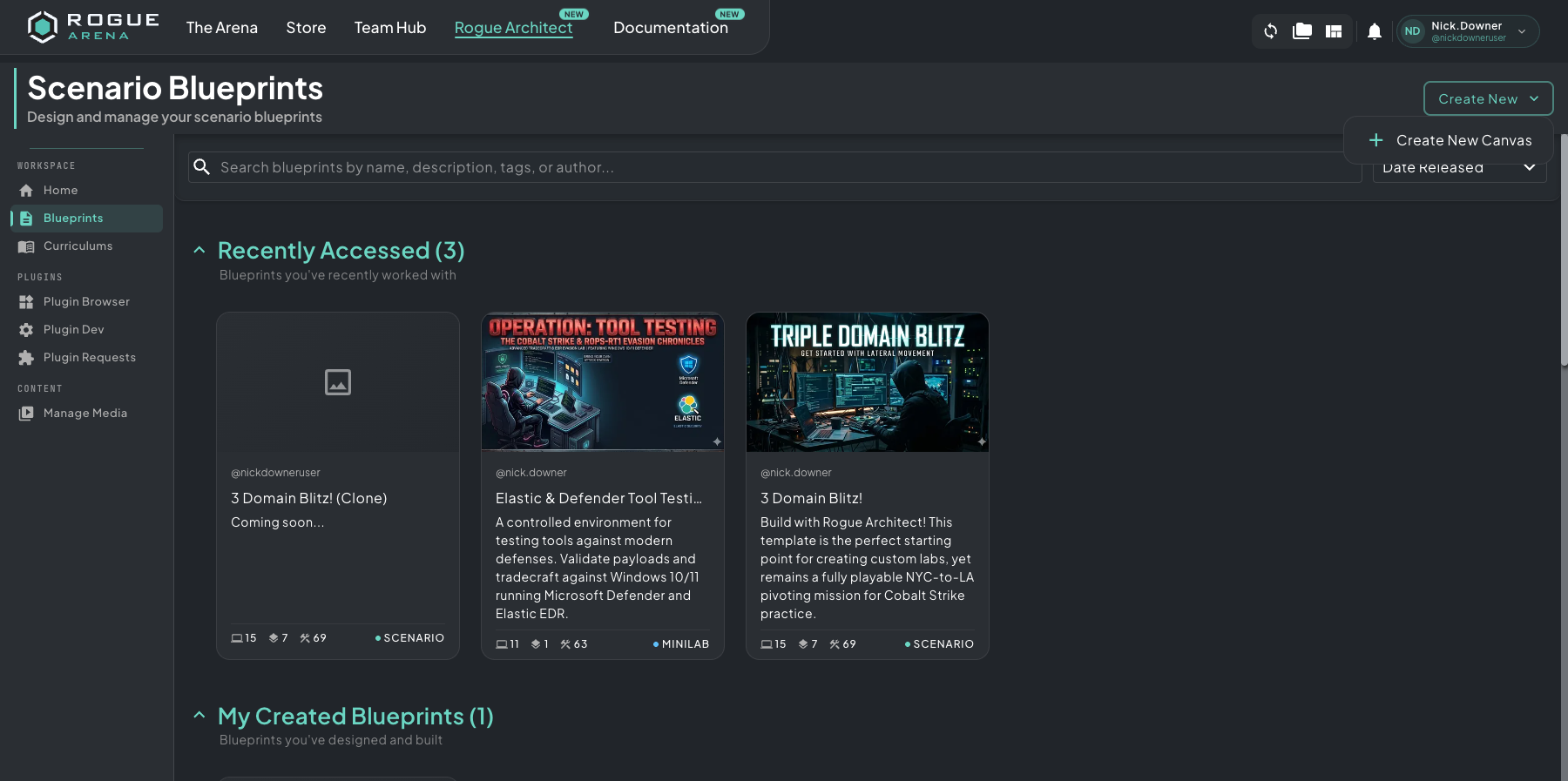 Scenario Blueprints page with a Create New Canvas button in the top-right, a search bar, a Recently Accessed row with three scenarios, and a My Created Blueprints section below