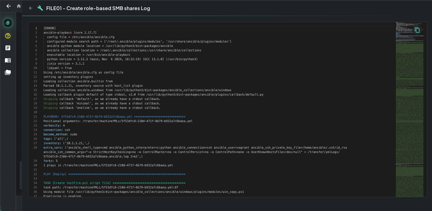 Top of the Create role-based SMB shares Ansible log showing initialization, package loading, and module discovery output