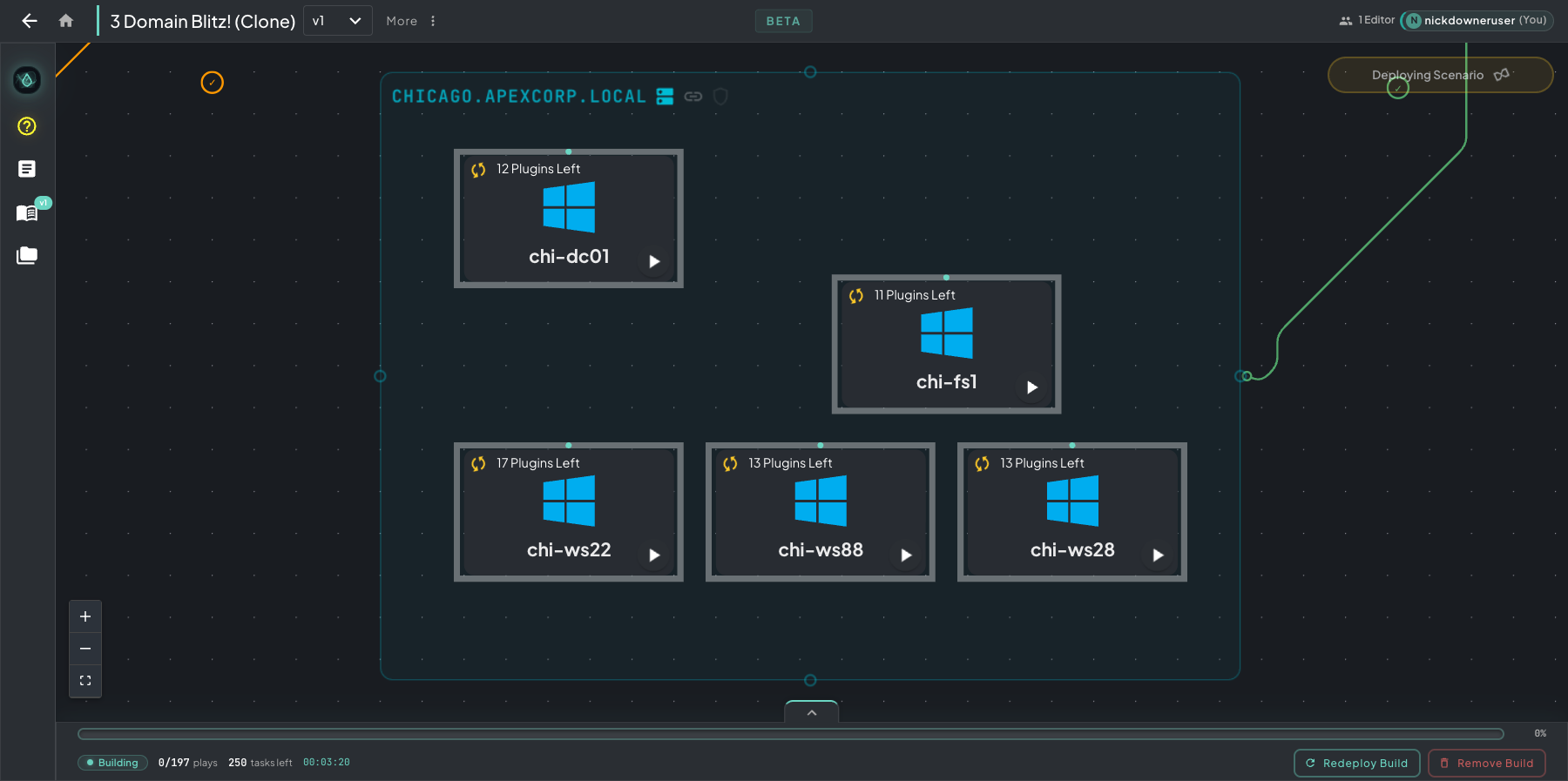 Chicago domain VLAN zoomed in, showing 5 Windows machines each with a Plugins Left counter, a green online indicator, and a play button to open a VM viewer
