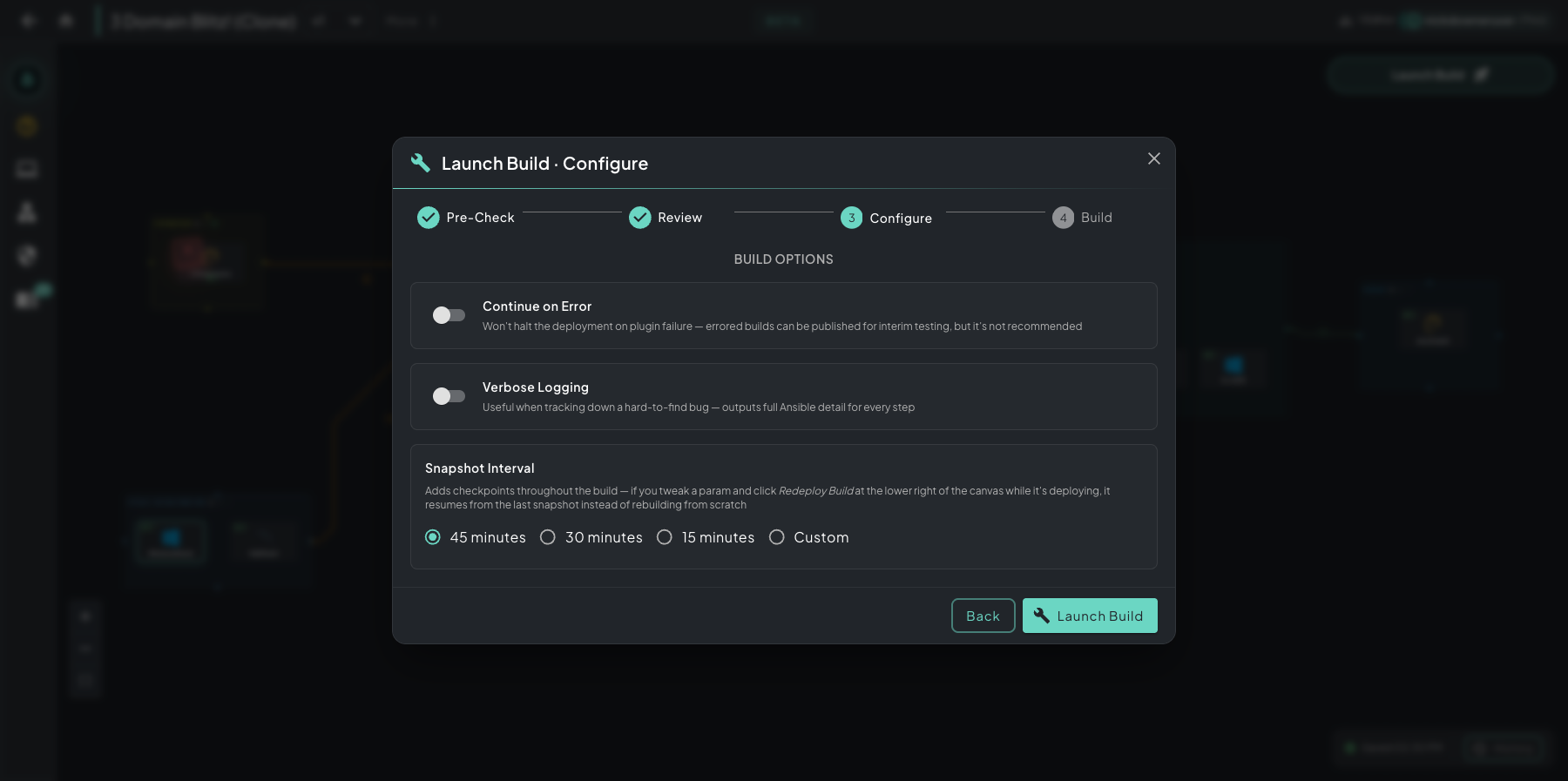 Launch Build configure step showing the Continue on Error toggle, Verbose Logging toggle, and Snapshot Interval selector (5 / 10 / 20 minutes / Custom)