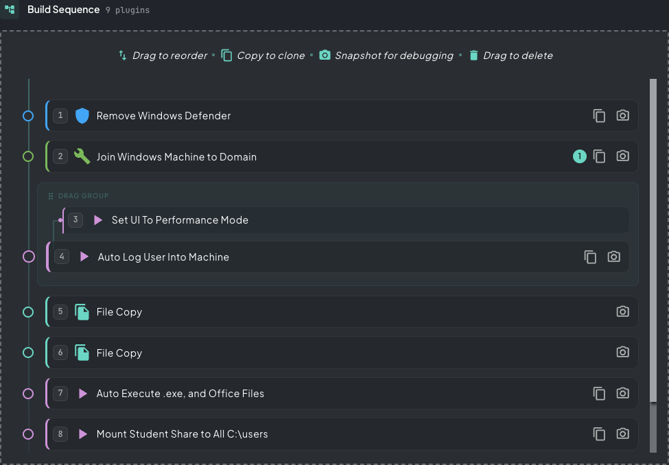 Build sequence pane showing the ordered plugin chain on chi-ws22: Remove Defender, Join Domain, Set UI Performance (inside a drag group), Auto Log User, two File Copy steps, Auto Execute, and Mount Student Share