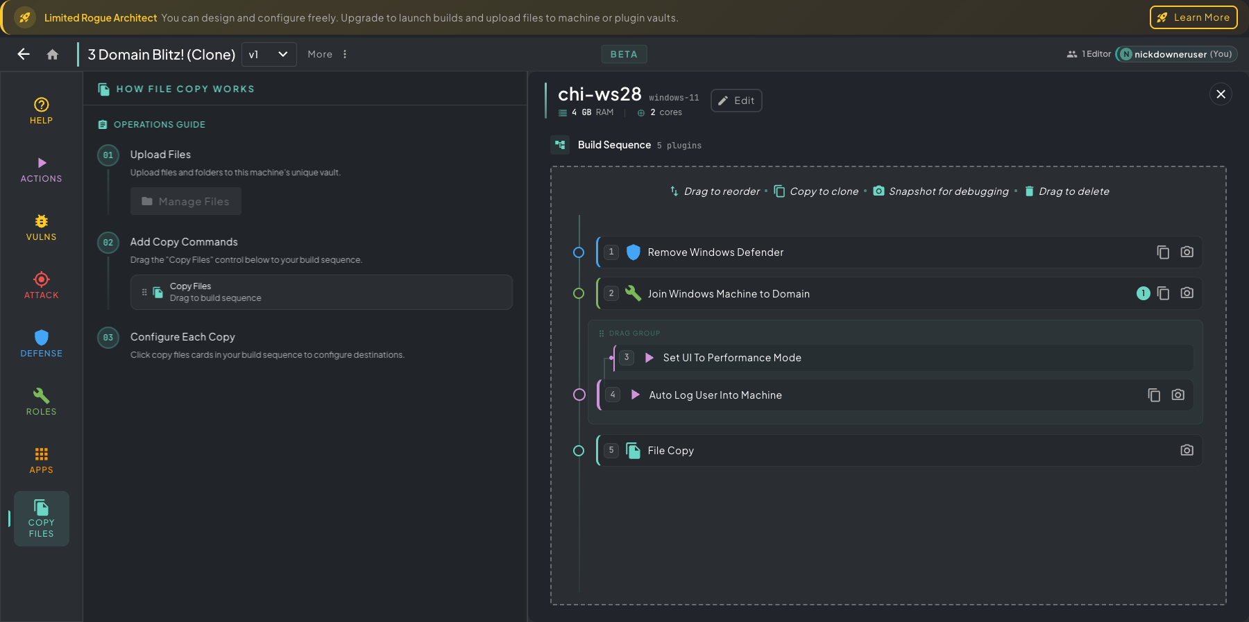 Copy Files panel open on the left of the Architect machine view, showing the three-step Operations Guide (Upload Files, Add Copy Commands, Configure Each Copy) alongside the build sequence on the right with a Copy Files step in it