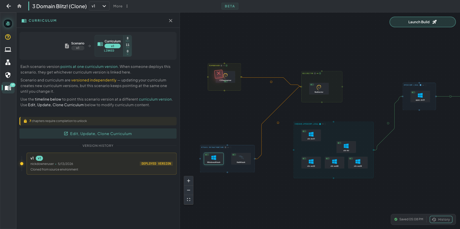 Curriculum slide-out on the canvas showing the Scenario v1 ↔ Curriculum link diagram, edit/clone curriculum controls, and a Version History list of curriculum versions