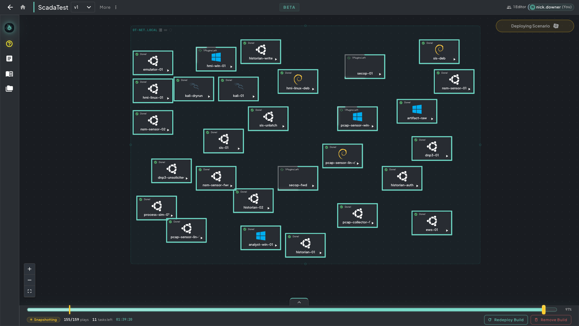 The ScadaTest plugin validation canvas in Rogue Architect showing 20+ Ubuntu, Windows, and Kali machines spread across the canvas mid-deploy — each machine assigned a different plugin or parameter variation