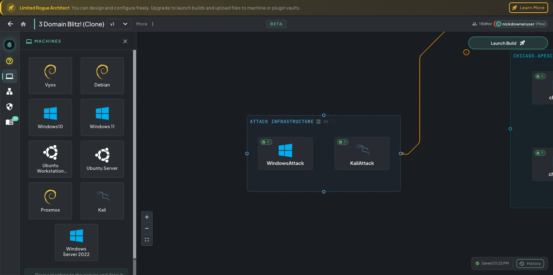 Rogue Architect Machines panel open on the left listing OS templates (Kali, Windows 11, Windows Server, Ubuntu, etc.); the canvas on the right shows a fully populated VLAN with a DC, file server, and three workstations