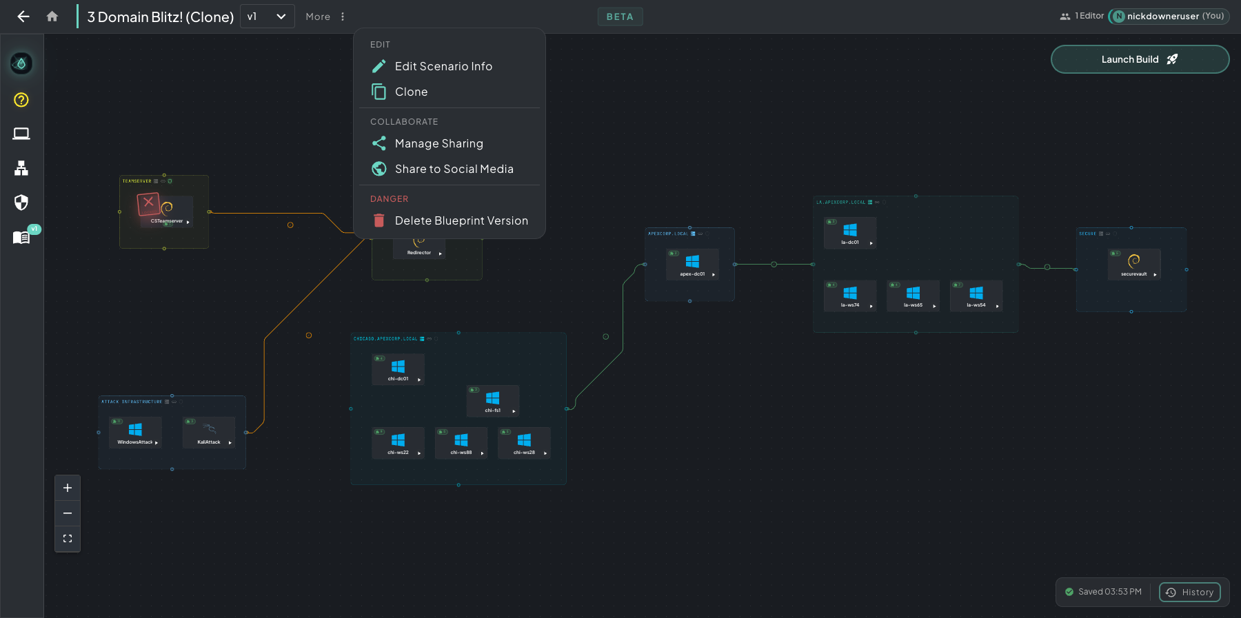 Architect More menu open showing Edit (Edit Scenario Info, Clone), Collaborate (Manage Sharing, Share to Social Media), and Danger (Delete Blueprint Version) sections