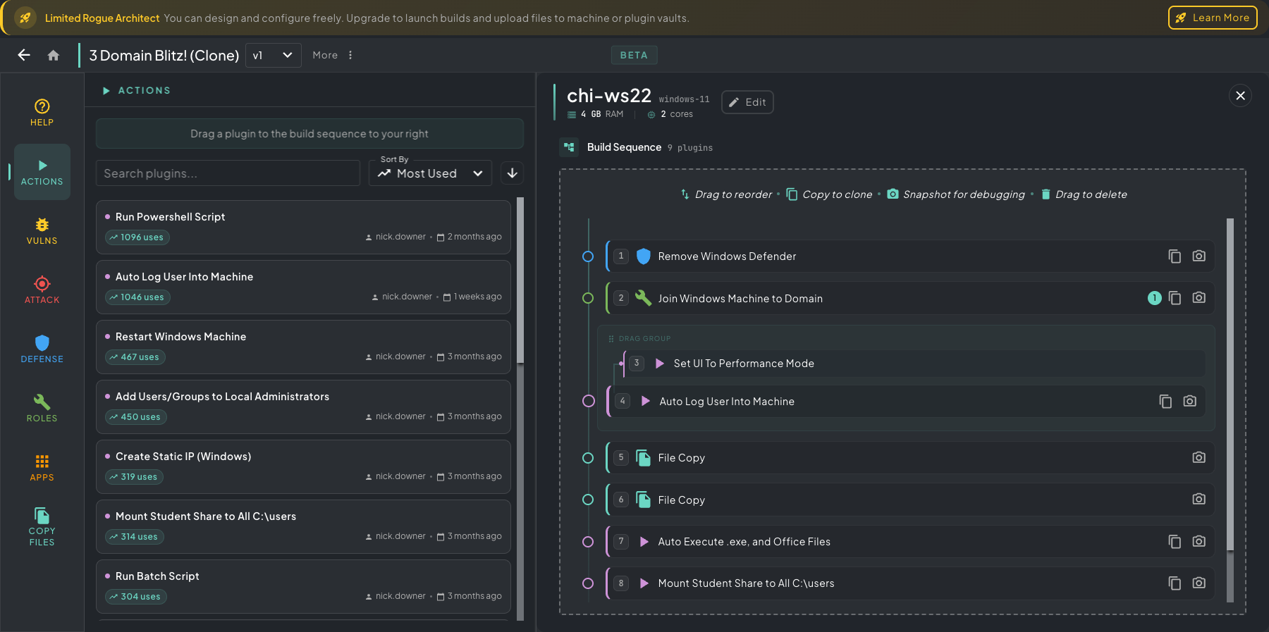 Architect machine-edit view with the Actions plugin category open in the left sidebar — File Copy, Remove Windows Defender, Run Powershell Script, Auto Log User Into Machine, Join Windows Machine to Domain, Restart Windows Machine, and more