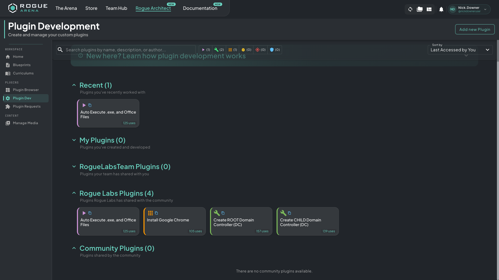 Plugin Development screen showing search bar with plugin category filters, Recent / My Plugins / RogueLabsTeam / Rogue Labs / Community sections, and an Add new Plugin button top right