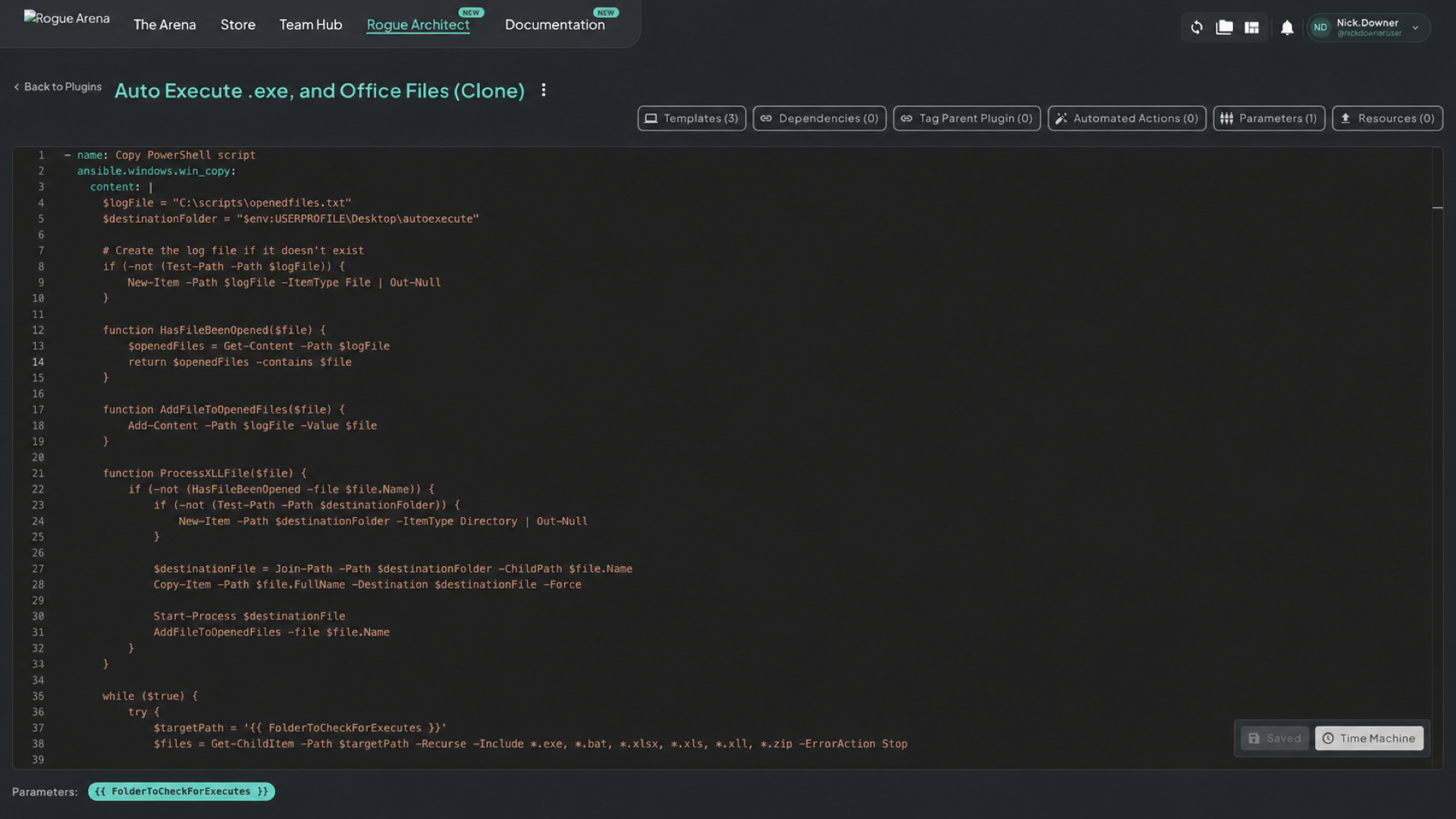 Plugin editor showing the YAML editor with metadata panels across the top, an actions menu beside the plugin name, and save and Time Machine controls