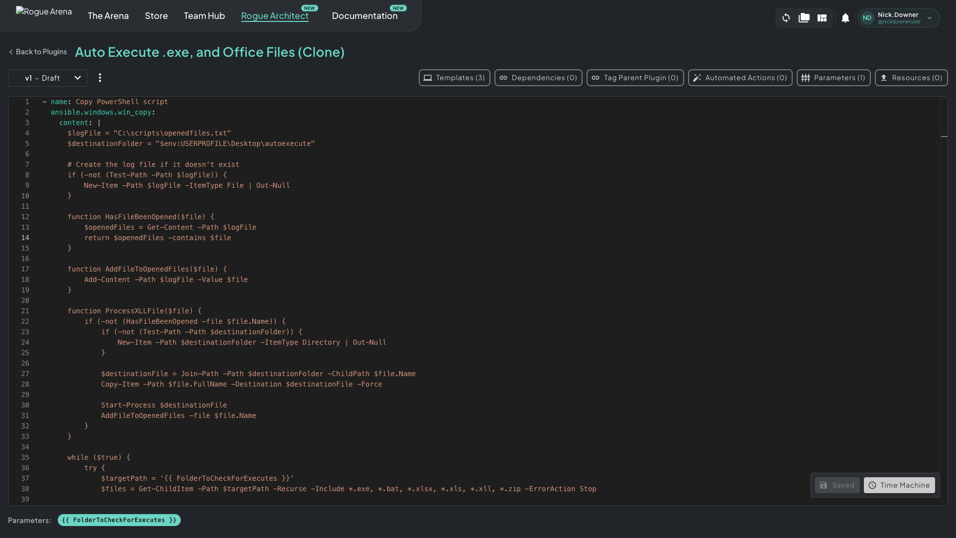 Plugin editor showing the YAML editor on the left with PowerShell tasks, the Templates / Dependencies / Tag Parent Plugin / Automated Actions / Parameters / Resources buttons across the top, a Draft version dropdown, and a Save button bottom-right