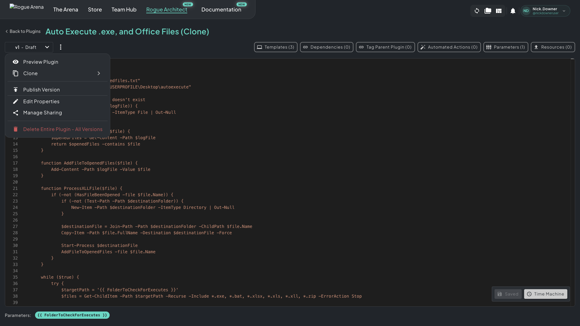 Plugin editor more menu open with options Preview Plugin, Clone, Publish Version, Edit Properties, Manage Sharing, and Delete Entire Plugin (red)