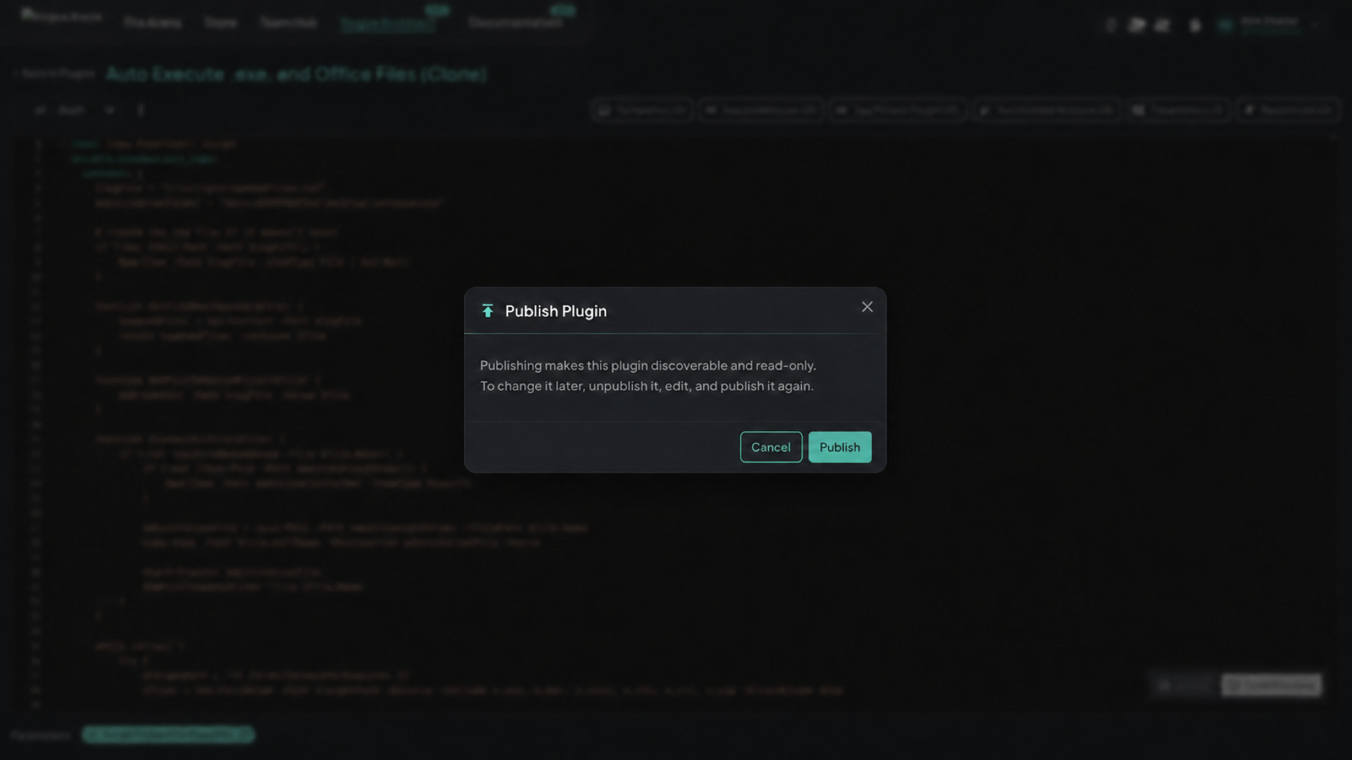 Publish Plugin dialog explaining that publishing makes a plugin discoverable and read-only, with Cancel and Publish buttons