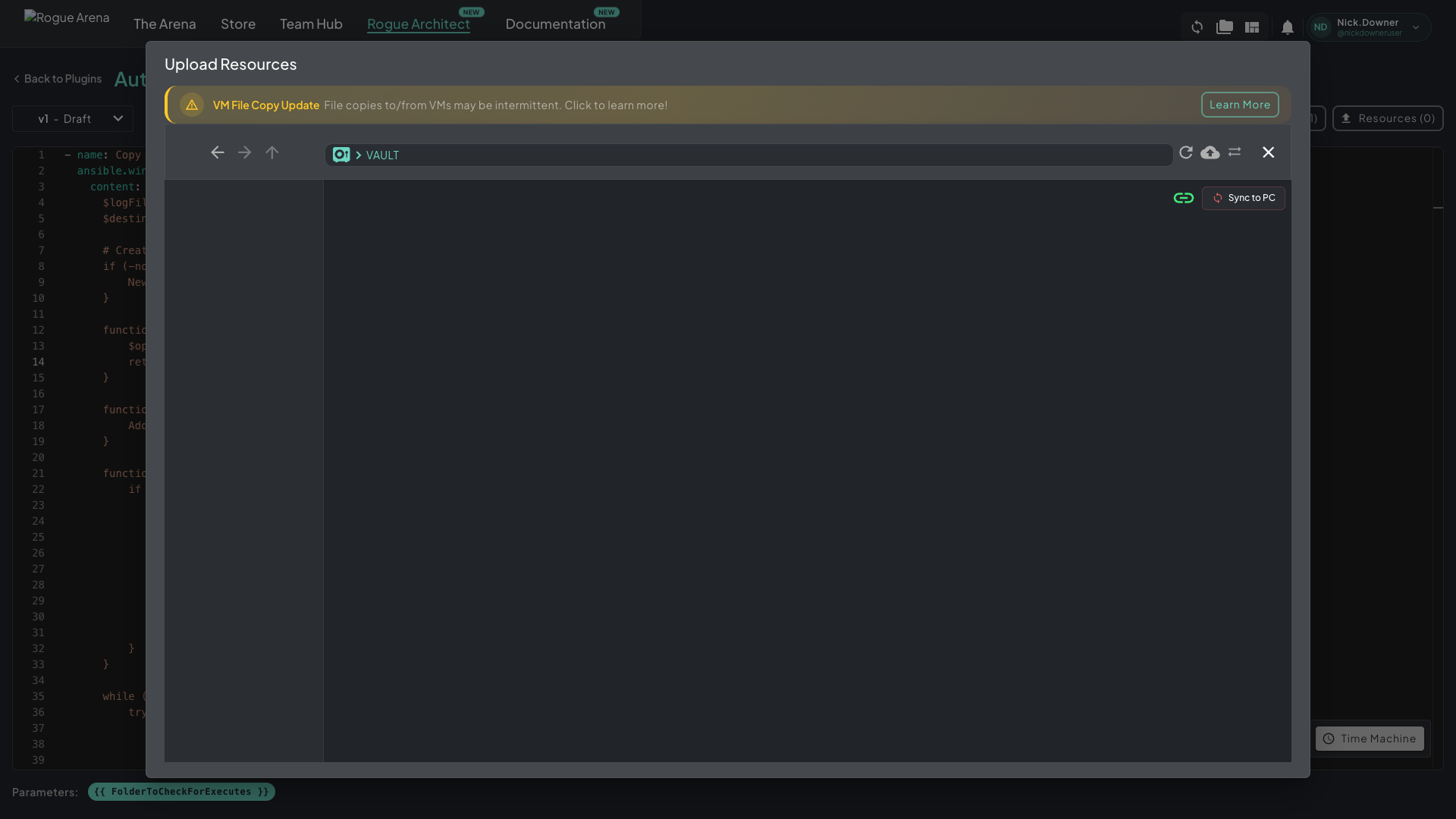 Upload Resources modal showing the plugin vault file browser with VAULT breadcrumb, navigation controls, an upload button, and a Sync to PC option