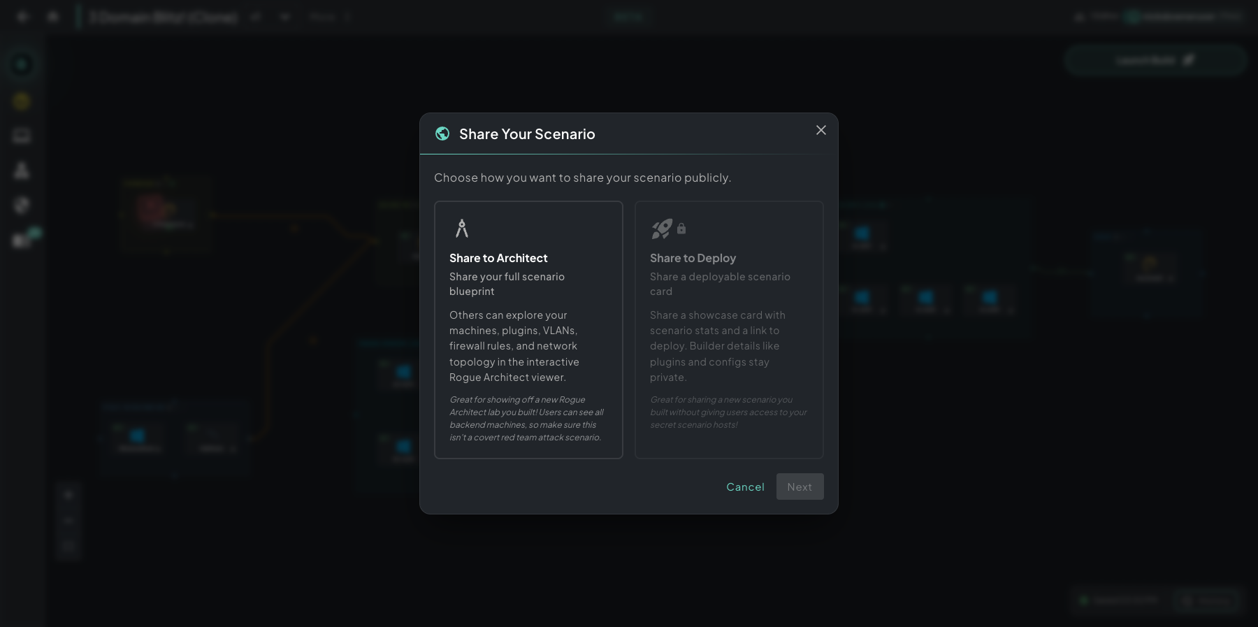 Share Your Scenario modal with two options: Share to Architect (full scenario blueprint, others can explore in the Architect viewer) and Share to Deploy (deployable scenario card with stats and a deploy link, builder details stay private)