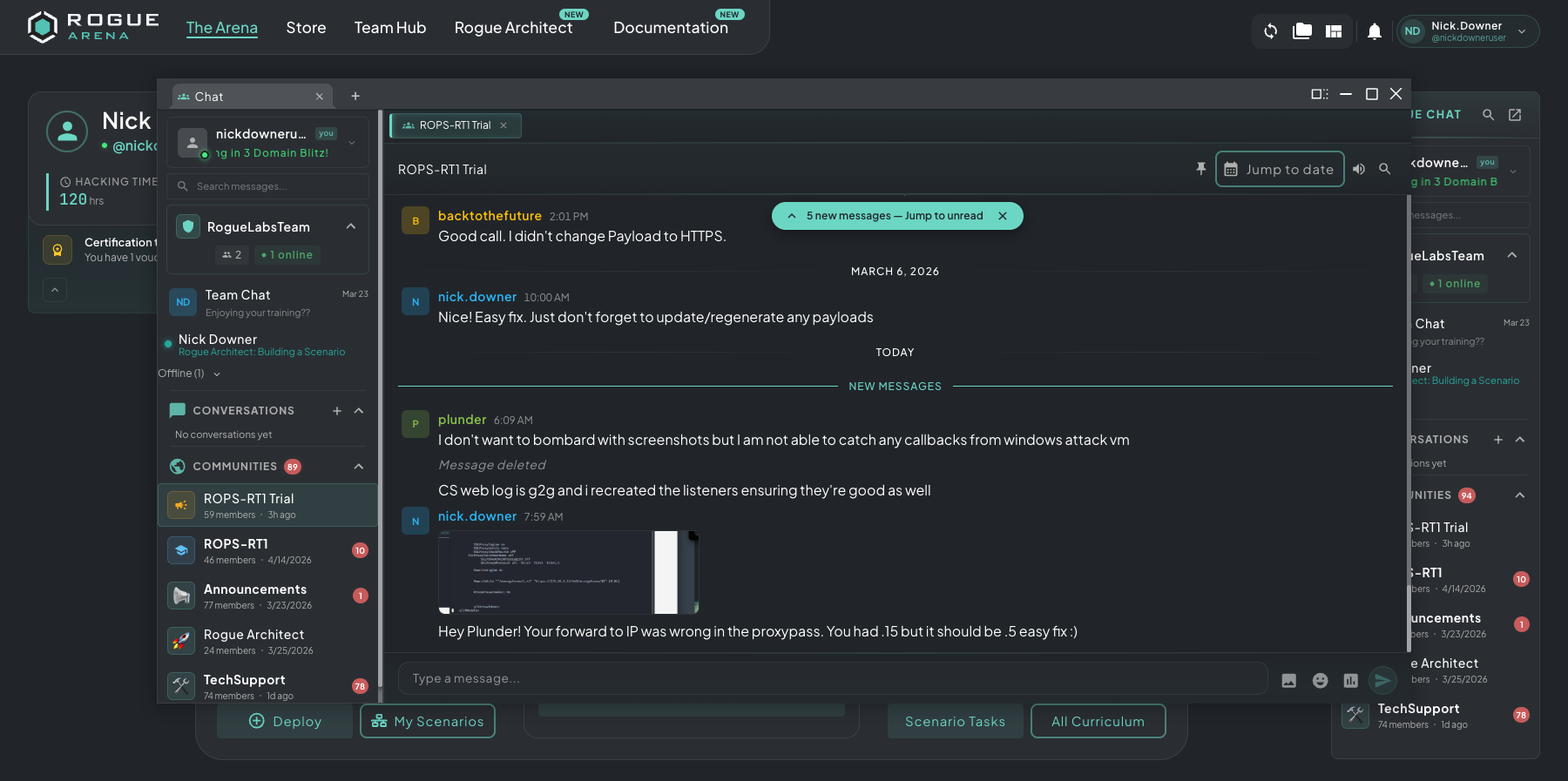 Rogue Chat opened as a floating window with a sample conversation visible, the arena dashboard partly visible behind it