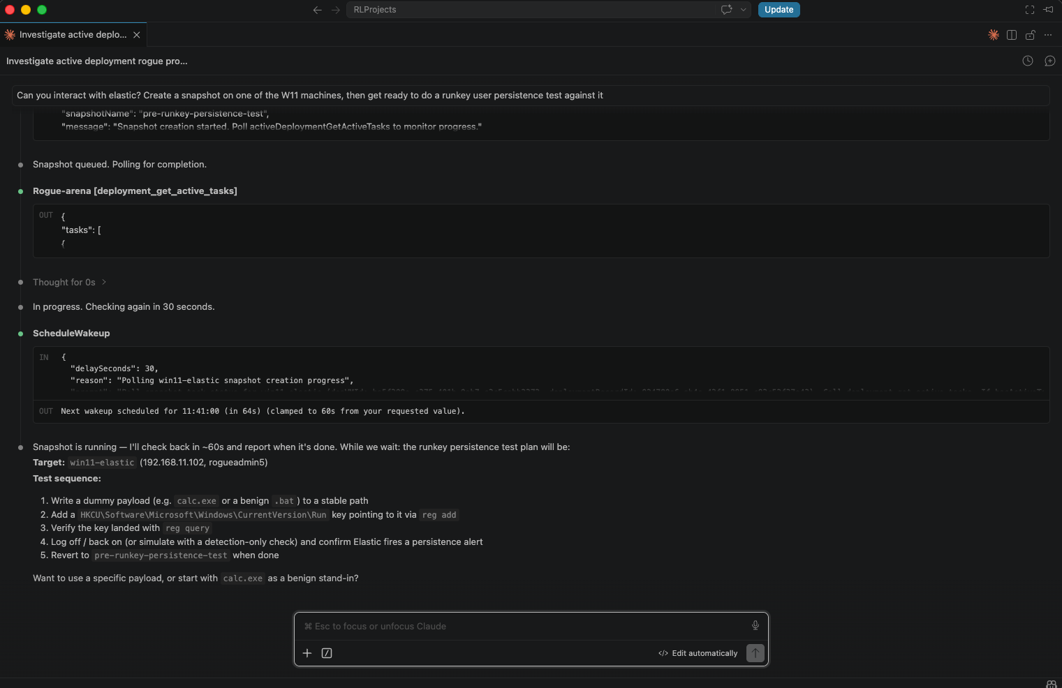Claude Code session taking a snapshot of a Windows 11 VM, polling progress, and proposing a runkey persistence test plan