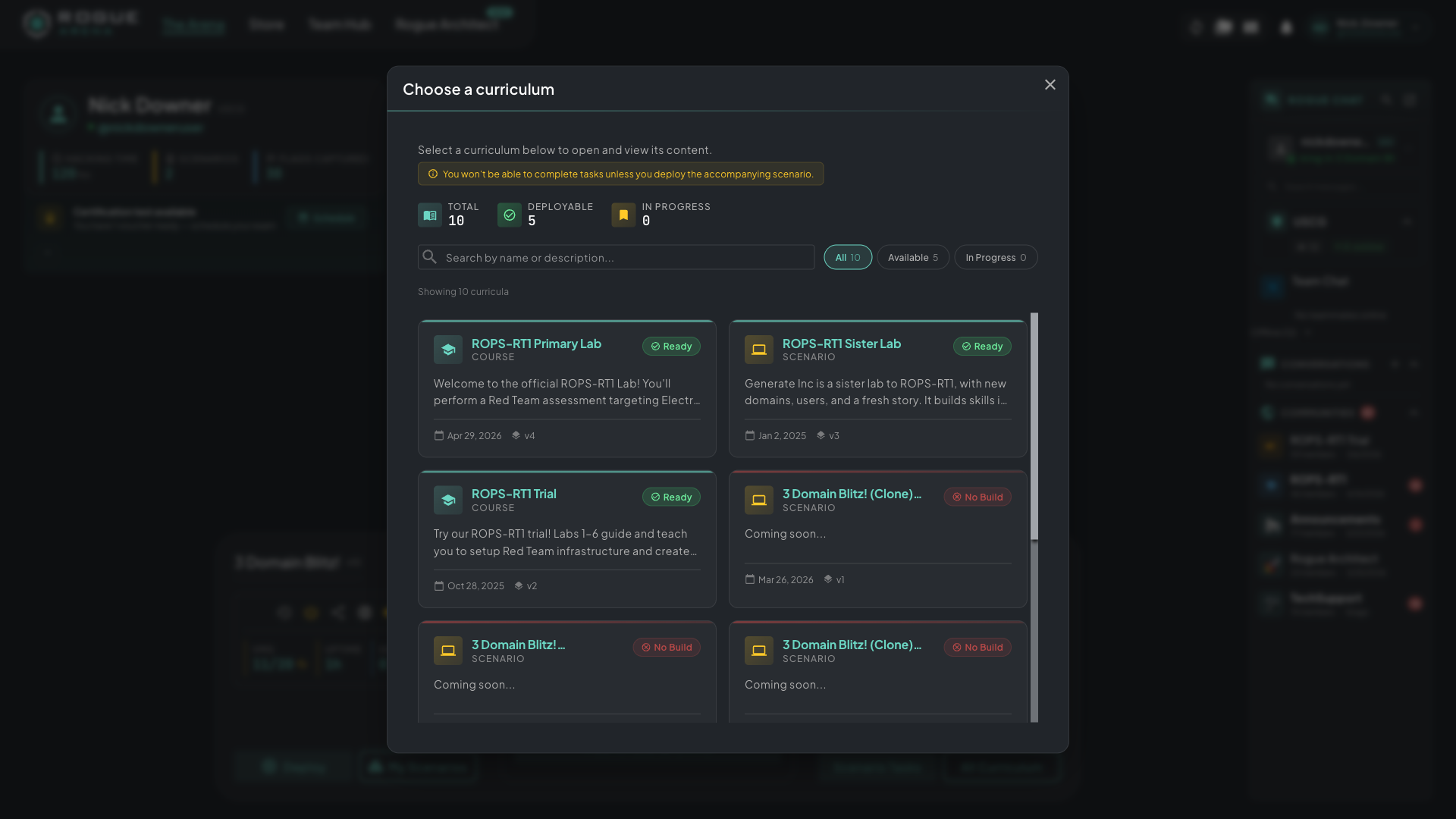 All Curriculum picker showing available courses