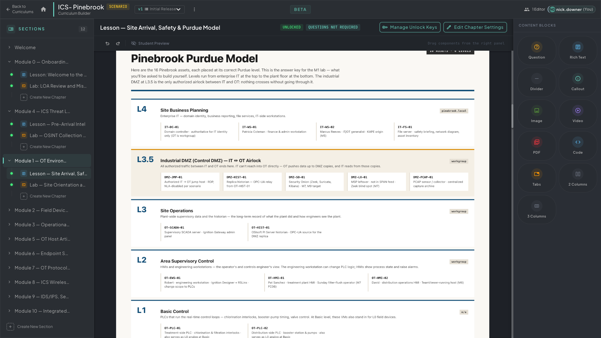 The Rogue Arena Curriculum Builder showing a chapter containing the Pinebrook Purdue Model diagram — Purdue levels L1 through L4 rendered as an interactive network diagram embedded directly in the curriculum