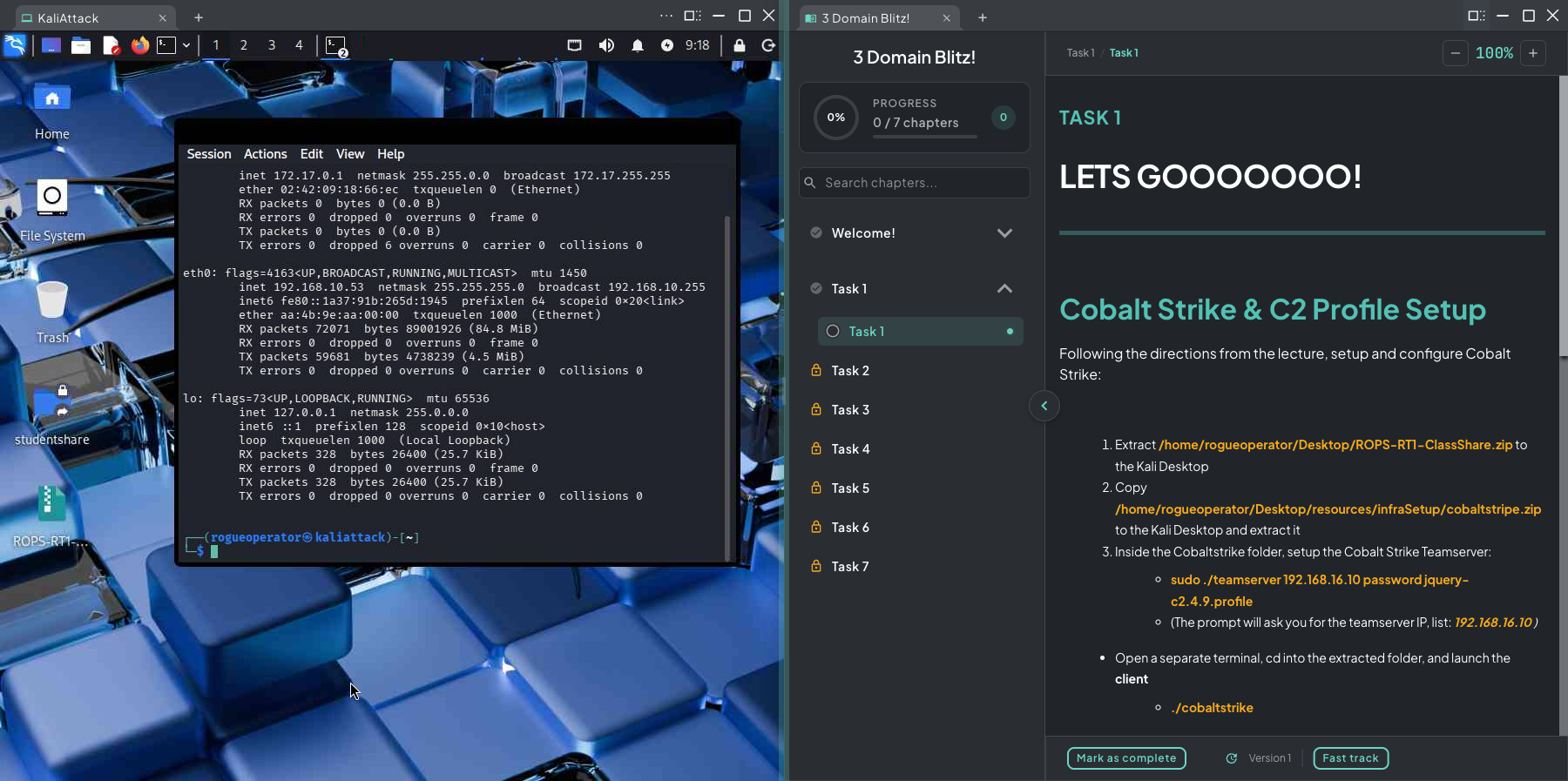 A Kali VM console snapped to the left half of the workspace and the curriculum viewer snapped to the right, both via the Rogue Arena snap menu