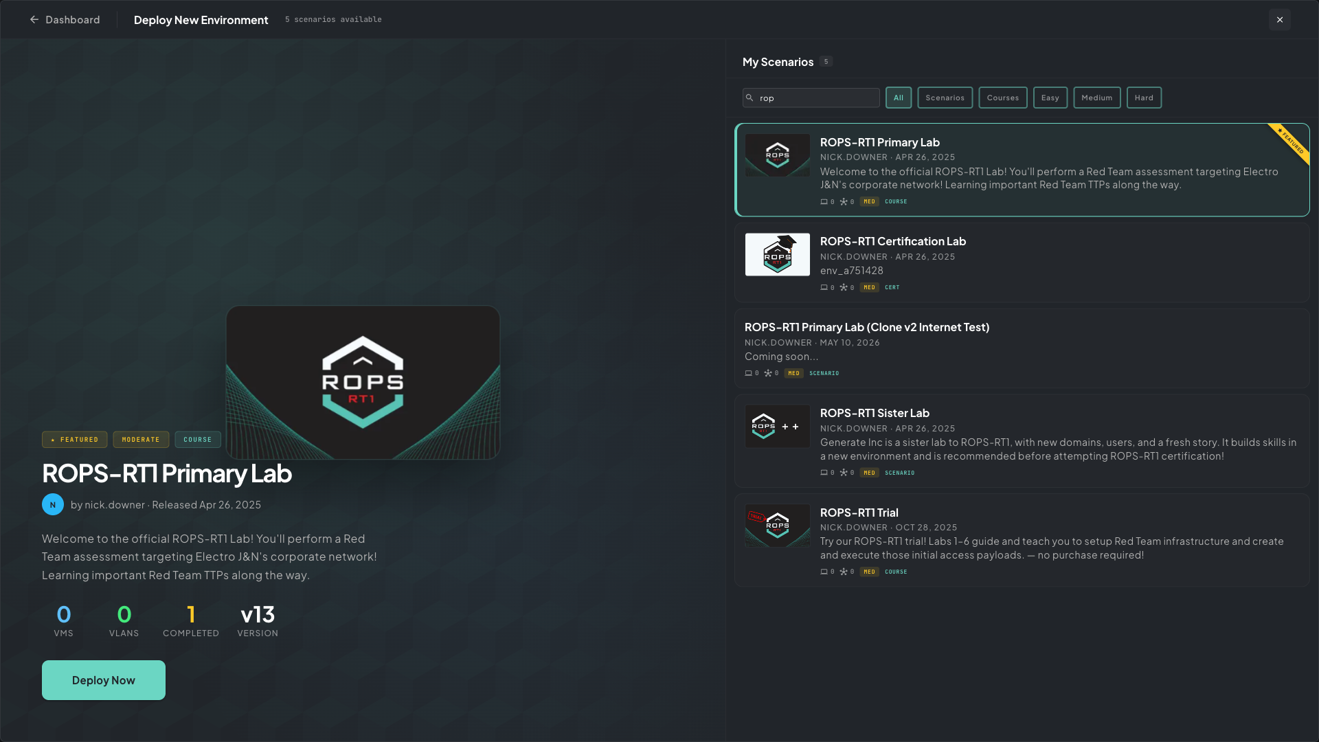 Deploy New Environment screen showing the scenario picker and Deploy Now button