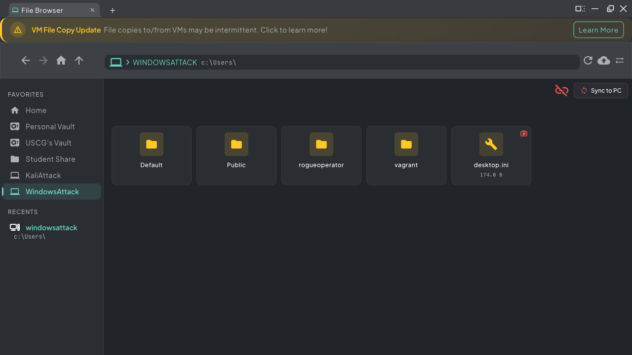 File Browser drilled into WindowsAttack showing the C:\Users\ directory