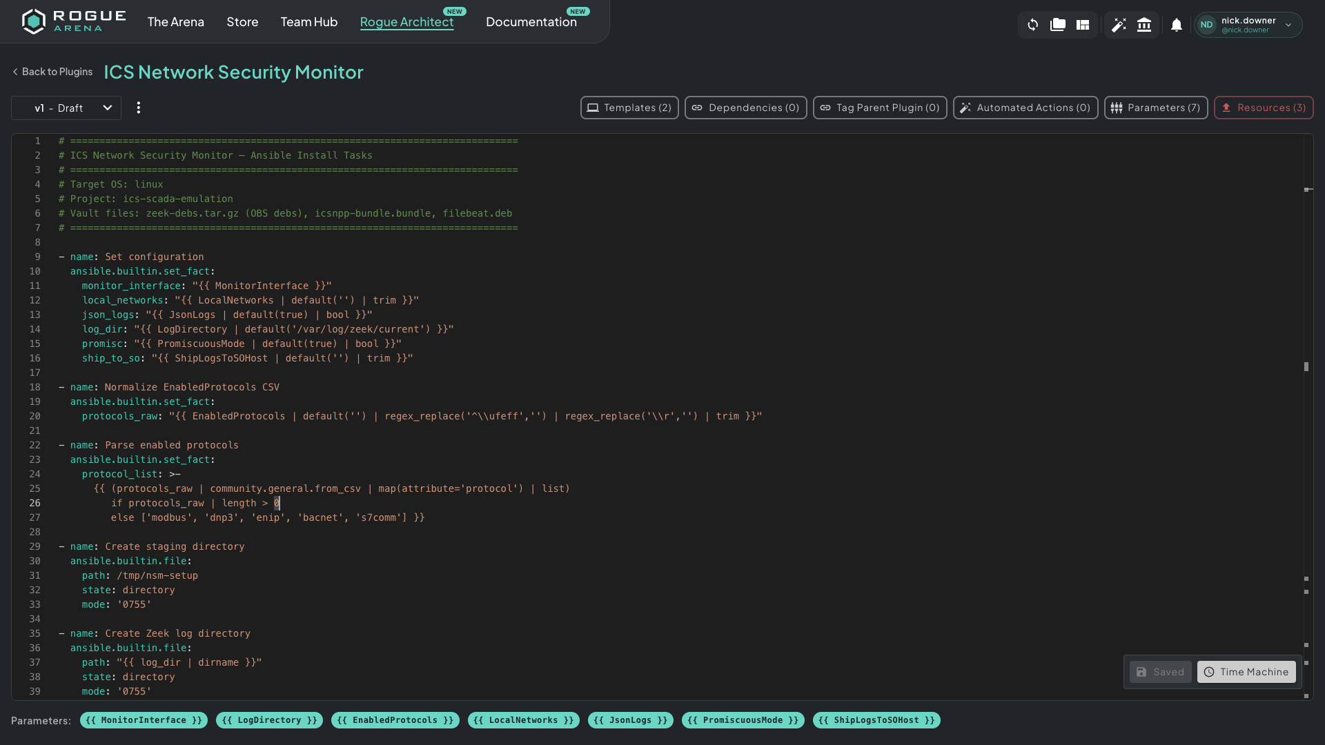 The Rogue Arena Plugin Dev environment showing the ICS Network Security Monitor plugin YAML — Ansible tasks visible in the editor with the plugin parameters panel open at the bottom