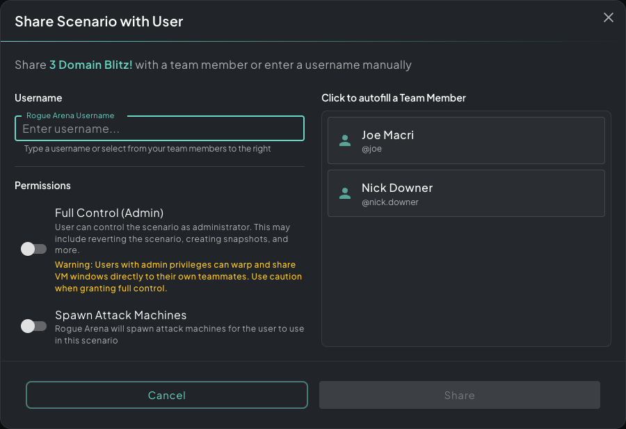 Share Scenario with User form showing the username field, team member autofill list, and Full Control / Spawn Attack Machines permission toggles