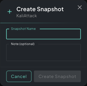 Create Snapshot dialog with name and optional note fields