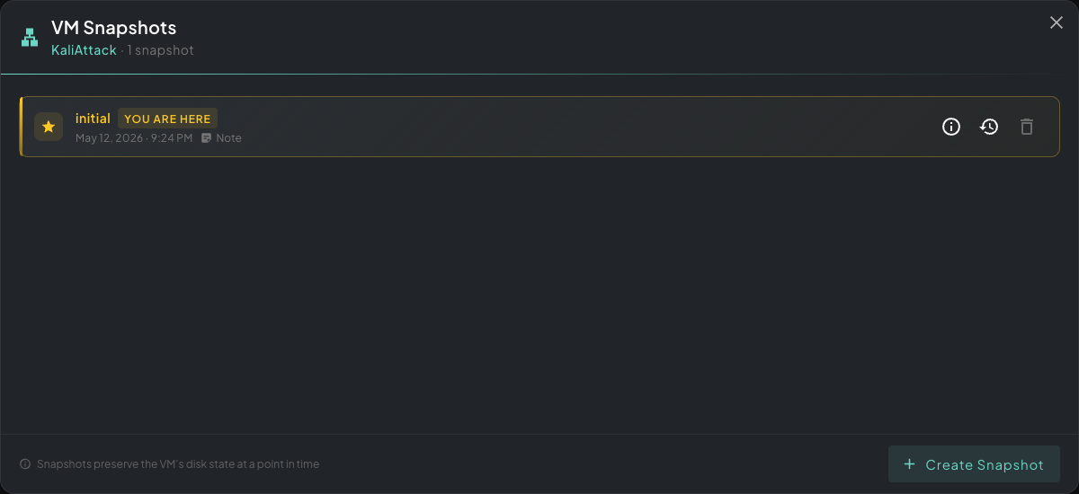 VM Snapshots panel showing an existing snapshot and the Create Snapshot button