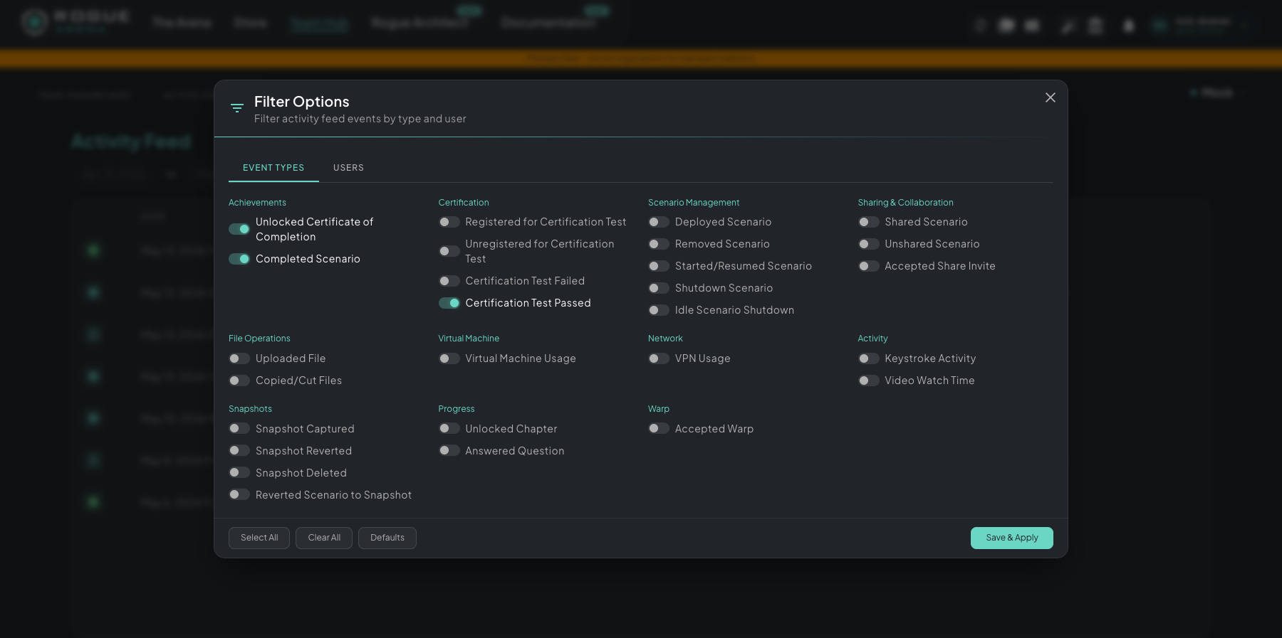 Activity Feed Filter Options modal showing every trackable event type grouped by category — Achievements, Certification, Scenario Management, Sharing & Collaboration, File Operations, Virtual Machine, Network, Activity, Snapshots, Progress, Warp — with Event Types and Users tabs