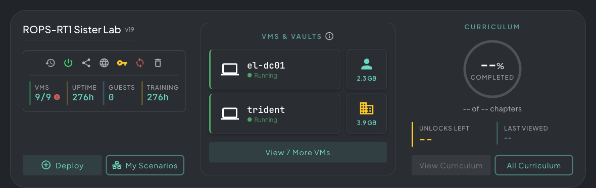 VM dock showing the two featured machines and curriculum panel